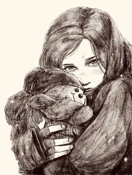 1girl child fingerless_gloves gloves greyscale highres long_hair long_sleeves looking_at_viewer monochrome original scarf solo stuffed_toy tp_p_pt white_background