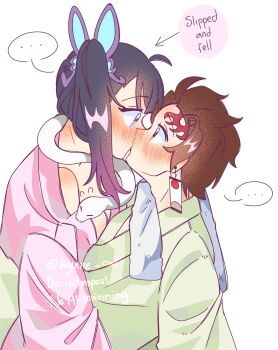 ... 1boy 1girl animal black_hair blush brown_hair butterfly_hair_ornament earrings english_text eye_contact hair_ornament hetero highres jewelry kamado_tanjirou kimetsu_no_yaiba kiss long_sleeves looking_at_another scar scar_on_face scar_on_forehead shirt short_hair snake spoken_ellipsis tsuyuri_kanao white_background yoru_karu