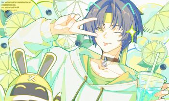 1boy alternate_costume asaba_harumasa asaboo_(zenless_zone_zero) bangboo_(zenless_zone_zero) bingzhen_h2o black_choker black_hair choker collarbone commentary_request drawn_ears drink drinking_straw food fruit green_shirt hand_up headband highres holding holding_drink hood hoodie leaf lemon lemon_slice lime_(fruit) lime_slice looking_at_viewer male_focus one_eye_closed parted_bangs shirt short_hair sparkle tongue tongue_out upper_body v v_over_eye yellow_eyes yellow_headband zenless_zone_zero