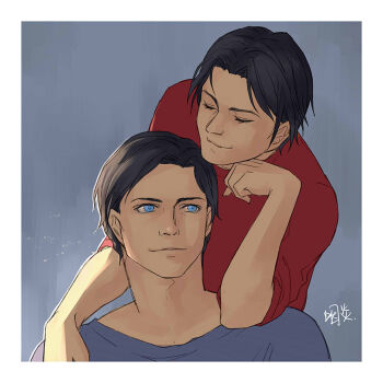 2boys batman_(series) black_hair blue_eyes blue_shirt brothers dc_comics dick_grayson gradient_background leaning male_focus multiple_boys red_shirt shirt siblings tim_drake