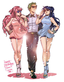 1boy 2girls bangle bare_shoulders blue_hair bracelet breasts che_(cyan_crown) dress formal_clothes gangnam_style girl_sandwich green_hair hair_bun hand_on_own_hip jewelry k-pop large_breasts lens_flare long_hair long_legs multiple_girls one_piece open_shoes parody perona pimp pink_hair roronoa_zoro sandals sandwiched short_hair shorts single_hair_bun snow suit sunglasses tashigi thigh_gap walking