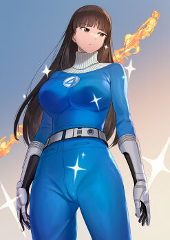 1girl a1_(initial-g) armored_gloves belt black_gloves blue_bodysuit blunt_bangs bodysuit breasts brown_eyes brown_hair closed_mouth girls_und_panzer gloves highres large_breasts long_hair mature_female nishizumi_shiho solo sparkle standing straight_hair very_long_hair white_belt