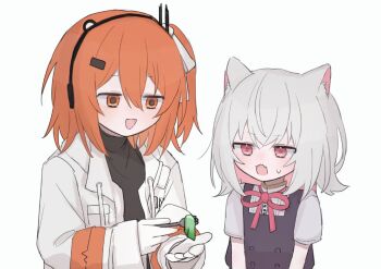 2girls a.i._voice adachi_rei animal_ear_fluff animal_ears arazan_(ara_arazan24) black_dress black_shirt cat_ears colored_inner_hair double-parted_bangs dress fang flipped_hair food fork gloves hair_ornament hair_ribbon headset holding holding_fork jacket jitome looking_at_food medium_hair multicolored_hair multiple_girls neck_ribbon one_side_up open_clothes open_jacket open_mouth orange_eyes orange_hair pinafore_dress pink_eyes pink_hair radio_antenna red_ribbon ribbon sayo_(voicevox) shirt short_sleeves sidelocks simple_background skin_fang sleeveless sleeveless_dress smile sound_wave sweatdrop turtleneck turtleneck_shirt upper_body utau vegetable voicevox white_background white_gloves white_hair white_jacket white_ribbon white_shirt