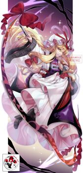 1girl black_footwear blonde_hair dice dress folded_fan folding_fan frills gap_(touhou) hair_between_eyes hair_ribbon hand_fan hat hecatia_lapislazuli highres holding holding_fan ishikawa_sparerib long_sleeves mob_cap purple_tabard ribbon smile solo tabard touhou watermark white_dress yakumo_yukari yellow_eyes