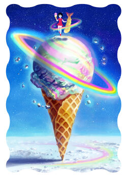 Rule 34 | 1girl, black hair, blue sky, border, commentary request, dress, food, full body, ice cream, ice cream cone, nuq, original, oversized food, oversized object, rainbow, red dress, short hair, shrimp, shrimp tempura, sky, solo, star (sky), starry sky, tempura, waffle cone, white border