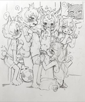 2girls 3boys animal_ear_fluff animal_ears animal_penis antlers armpits ball blush body_freckles braid broken_horn bulge clothes_lift clothes_pull deer_antlers deer_girl dog_boy dog_penis erection erection_under_clothes fangs flat_chest freckles furry furry_with_furry hetero highres horns knotted_penis kodomo_doushi loli long_hair looking_at_penis multiple_boys multiple_girls nipples on_floor original pants pants_pull pectorals penis recording renocoffee shirt_lift short_hair short_shorts shorts shota shoulder_freckles soccer_ball tail tank_top testicles tongue tongue_out twin_braids