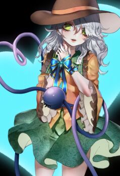 1girl black_hat blouse bow buttons diamond_button eyeball floral_print frilled_shirt_collar frilled_sleeves frills green_hair green_skirt grey_hair hat hat_ribbon heart heart_of_string highres komeiji_koishi neon_(co2co8) open_mouth ribbon rose_print shirt skirt solo third_eye touhou yellow_bow yellow_ribbon yellow_shirt