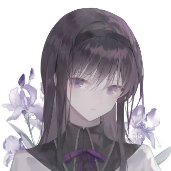 1girl akemi_homura black_capelet black_hair black_hairband capelet chinese_commentary closed_mouth collared_capelet colored_inner_hair commentary_request dot_nose expressionless floral_background flower hair_between_eyes hairband highres iris_(flower) layla_836829767 light_frown long_hair long_sidelocks magical_girl mahou_shoujo_madoka_magica mahou_shoujo_madoka_magica_(anime) multicolored_hair purple_eyes purple_flower shirt sidelocks signature solo straight_hair upper_body white_background white_shirt