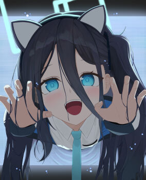 1girl :d absurdres animal_ear_hairband animal_ears aris_(blue_archive) black_hair black_hairband blue_archive blue_eyes blue_halo blue_necktie blush breast_pocket claw_pose collared_shirt commentary fake_animal_ears fingernails fourth_wall hair_between_eyes hairband halo highres jigaghada_(rm8542) korean_commentary light_particles long_bangs long_hair long_sleeves looking_at_viewer necktie open_mouth pocket ringed_eyes screen shirt smile solo teeth through_medium upper_teeth_only white_shirt