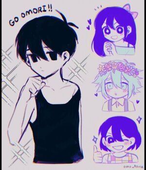Rule 34 | 1girl, 3boys, antenna hair, arm at side, artist name, aubrey (headspace) (omori), aubrey (omori), bare arms, basil (headspace) (omori), basil (omori), black eyes, black hair, black tank top, blush, bow, bright pupils, buttons, clenched hand, closed mouth, collarbone, collared shirt, colored skin, commentary request, cropped torso, english text, flower wreath, green eyes, green hair, green shirt, grin, hair behind ear, hair between eyes, hair bow, hand up, head wreath, heart, highres, kel (headspace) (omori), kel (omori), korean commentary, leaf, long hair, looking at another, looking to the side, multiple boys, no pupils, omo taru, omori, omori (omori), one eye closed, open mouth, overalls, own hands together, parted lips, pink bow, purple eyes, purple hair, shirt, short hair, smile, sparkle, strap slip, tank top, thumbs up, v-shaped eyebrows, white background, white pupils, white skin