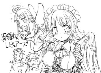 Rule 34 | 1girl, 1other, 2boys, :d, androgynous, angel, angel wings, ascot, blush, braid, braided ponytail, breasts, broken halo, cigarette, closed mouth, commentary request, crimvael, dress, elf, facial hair, feathered wings, flipped hair, frilled headwear, hair ornament, halo, holding, holding paper, ishuzoku reviewers, large breasts, long hair, long sleeves, looking at viewer, maid, maid headdress, meidri, monochrome, monster girl, multiple boys, off-shoulder dress, off shoulder, open mouth, paper, pointy ears, short dress, short hair, sidelocks, simple background, sleeveless, smile, spiked hair, stubble, stunk, suzuka (rekkyo), translation request, tunic, white background, wings, x hair ornament, zel (ishuzoku reviewers)