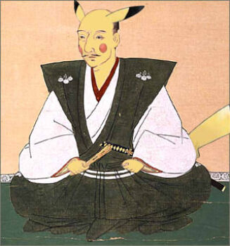 1boy ears facial_hair folding_fan fusion gen_1_pokemon hand_fan japanese_clothes kimono male_focus mustache nintendo nobunaga_no_yabou oda_nobunaga_(real_life) pikachu pokemon pokemon_conquest solo sword tail waboon weapon