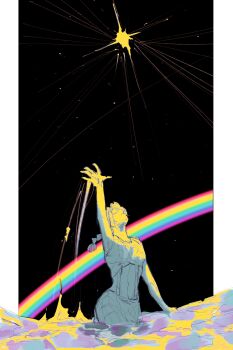 Rule 34 | 1girl, arm up, braid, commentary request, highres, jojo no kimyou na bouken, kuujou jolyne, long hair, midriff, ocean, pillarboxed, rainbow, reaching, retortbox, shirt, solo, standing, star (sky), stone ocean, suspenders, wading