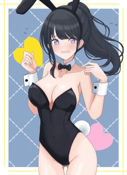 1girl @_@ animal_ear_hairband animal_ears black_bow black_bowtie black_hair black_hairband black_leotard bow bowtie breasts cleavage collarbone commentary_request covered_navel dotted_line embarrassed fake_animal_ears fake_tail grey_eyes grid_background hairband heart high_ponytail highres hotaka_(kz_hotaka) idolmaster idolmaster_shiny_colors kazano_hiori large_breasts leotard long_hair looking_at_viewer playboy_bunny ponytail rabbit_ear_hairband rabbit_ears rabbit_tail solo strapless strapless_leotard tail white_wrist_cuffs wrist_cuffs