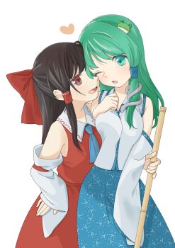 2girls absurdres ascot blue_ascot blue_skirt bow breasts broom brown_eyes brown_hair commentary_request cowboy_shot detached_sleeves frog_hair_ornament green_hair hair_bow hair_ornament hair_tubes hakurei_reimu highres holding holding_broom hug kochiya_sanae large_breasts long_hair multiple_girls one_eye_closed red_bow red_skirt simple_background single_hair_tube skirt skirt_set snake_hair_ornament touhou tsuno_no_hito white_background yuri