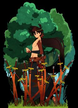 Rule 34 | 1boy, black eyes, black hair, black hakama, commentary request, detached sleeves, faux figurine, field of blades, from side, full body, grass, hair between eyes, hakama, hakama skirt, hakka oishie, highres, japanese clothes, katana, katanagatari, leaf print, long hair, looking at viewer, looking to the side, low ponytail, male focus, maple leaf hair ornament, maple leaf print, planted, planted sword, planted weapon, ponytail, print hakama, red sleeves, sandals, sheath, sheathed, skirt, solo, standing, sword, tree, very long hair, weapon, yasuri shichika