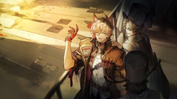 2boys animal_ears arknights artist_request brown_jacket character_request closed_eyes from_above game_asset gloves hair_between_eyes hair_over_one_eye hand_on_another's_shoulder hand_up highres horse_boy horse_ears jacket medal multiple_boys official_art one_eye_closed open_clothes open_jacket open_mouth pink_hair red_gloves shirt third-party_source viy_(arknights) white_shirt zipper