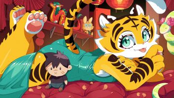 1girl :3 animal_ears animal_feet animal_hands animal_nose aqua_dress aqua_eyes artist_name ass aura_(drawligator) bare_shoulders barefoot body_fur breasts brown_fur character_doll china_dress chinese_clothes claws closed_mouth clothing_cutout crossed_arms doll drawligator dress fang fang_out feet feet_up female_focus from_side furry furry_female happy indoors lantern looking_at_viewer lying medium_breasts multicolored_fur on_bed on_stomach original paper_lantern pawpads pelvic_curtain petals shelf sideboob signature sleeveless sleeveless_dress smile snake soles solo striped_fur striped_tail tail tail_raised tail_through_clothes tiger_ears tiger_girl tiger_tail toes tongue tongue_out white_fur yellow_fur