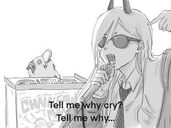 1girl chainsaw_man collared_shirt demon_girl demon_horns dj greyscale highres holding holding_microphone horns iing_naoe jacket long_hair microphone monochrome necktie open_mouth phonograph pochita_(chainsaw_man) power_(chainsaw_man) shirt sunglasses turntable