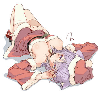1girl :3 alternate_costume animal_collar animal_ear_fluff animal_ears bell black_collar blush breasts bush cat_ears cat_girl christmas cleavage closed_mouth collar commentary_request detached_sleeves dress fur-trimmed_dress fur-trimmed_sleeves fur_trim hat hololive jingle_bell knees_up large_breasts looking_at_viewer lying medium_hair neck_bell nekomata_okayu off-shoulder_dress off_shoulder on_back purple_eyes purple_hair red_dress red_hat red_shoes red_sleeves santa_costume santa_dress shoes simple_background smile solo thighhighs torokko virtual_youtuber white_background white_thighhighs