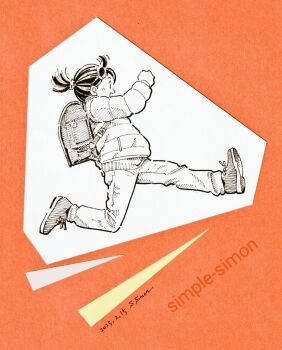 Rule 34 | 1girl, artist name, backpack, bag, commentary request, dated, from side, full body, hatching (texture), jacket, linear hatching, monochrome, open mouth, orange background, original, padded jacket, pants, paper cutout (medium), papercraft (medium), ponytail, randoseru, running, shoes, short hair, short ponytail, smile, solo, traditional media, unconventional media, zpihr6jprso2r2l
