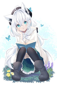 1girl absurdres ahoge animal_ear_fluff animal_ears beret black_boots black_hat black_pantyhose blush book boots braid commentary_request earrings extra_ears fox_ears fox_girl fox_tail green_eyes green_nails green_skirt hair_between_eyes hat head_rest highres hololive jewelry kikuno_tsumiki knees_up long_hair looking_at_viewer open_book open_mouth pantyhose shirakami_fubuki shirakami_fubuki_(street) shirt sidelocks single_braid sitting skirt solo tail virtual_youtuber white_hair white_shirt