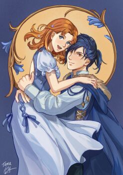 1boy 1girl :d alternate_costume annette_fantine_dominic annette_fantine_dominic_(timeskip) back backless_dress backless_outfit blue_cape blue_eyes blue_hair breasts cape couple dress felix_hugo_fraldarius felix_hugo_fraldarius_(timeskip) fire_emblem fire_emblem:_three_houses from_side hetero highres lifting_person looking_at_viewer nintendo open_mouth orange_hair short_hair small_breasts smile tamafry white_dress