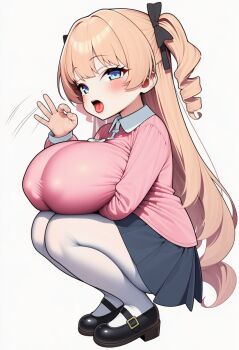 ai-generated blonde_hair blue_eyes blush breasts drill_hair handjob_gesture kindergarten_uniform loli mary_janes open_mouth oppai_loli pantyhose pleated_skirt shoes skirt tongue tongue_out white_pantyhose