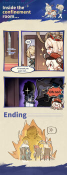 Rule 34 | 1boy, 3girls, alice (genshin impact), angry, blonde hair, blue eyes, chair, chibi, commentary, english commentary, fire, genshin impact, hair between eyes, highres, klee (genshin impact), long hair, mother and daughter, multiple girls, official art, open mouth, pointy ears, scar, scar on face, scolding, short hair, smile, sweatdrop, varka (genshin impact)