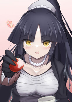 1girl absurdres black_hair blush breasts collarbone commentary_request cup fate/grand_order fate_(series) food fruit highres katou_danzou_(fate) long_hair looking_at_viewer moyashi_(pixiv44153669) open_mouth ponytail robot_girl shirt strawberry white_shirt yellow_eyes