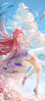 1girl absurdres andoff bare_shoulders breasts closed_mouth commentary cyrene_(honkai:_star_rail) cyrene_(ripples_of_past_reverie)_(honkai:_star_rail) dress flower full_body hair_flower hair_ornament high_heels highres honkai:_star_rail honkai_(series) large_breasts long_hair looking_at_viewer pink_hair purple_eyes purple_flower shoes smile solo white_dress white_shoes