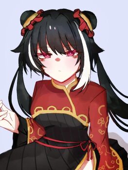 1girl black_hair china_dress chinese_clothes commentary commentary_request double_bun dress english_commentary eyelashes hair_bun highres jia_xichun_(project_moon) limbus_company long_hair looking_at_viewer mixed-language_commentary multicolored_hair pink_eyes project_moon simple_background solo streaked_hair toutoi_n06e11 twintails two-tone_hair upper_body white_background white_hair