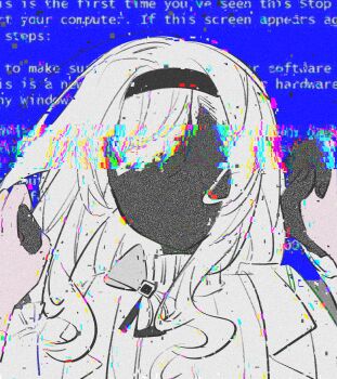 1girl absurdres arknights blissfulrainbizhuo blue_screen_of_death glitch hairband highres holding_hands pov priestess_(arknights) static