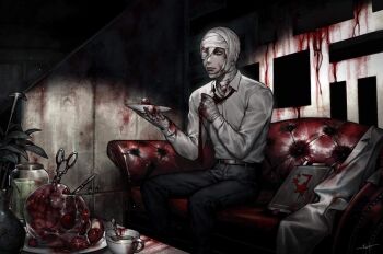 1boy bandaged_hand bandaged_head bandaged_neck bandages blood blood_drip blood_on_clothes blood_on_hands blood_splatter blood_stain book bowl brain cane chaise_longue clenched_hand collared_shirt cup feet_out_of_frame fern glass_bowl highres holding holding_plate indoors jar original pillow plant plate potted_plant scalpel shinku_syrup shirt sitting skull solo surgical_scissors teacup white_shirt yellow_eyes