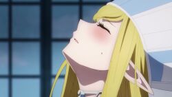 Rule 34 | 1girl, animated, anime screenshot, annette (isekai shikkaku), bare shoulders, blonde hair, blue dress, breasts, closed eyes, collarbone, dress, elf, flustered, hand on own chest, highres, in heat, isekai shikkaku, large breasts, parted lips, pointy ears, shoulder plates, sideboob, sidelocks, sleeveless, solo, sound, video
