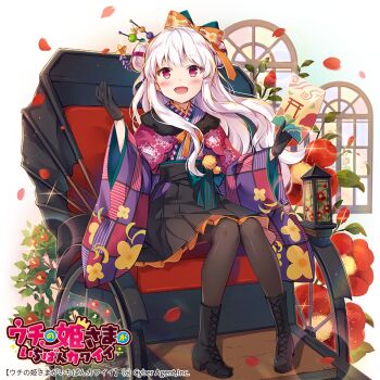 1girl :d black_boots black_gloves black_skirt blush boots bow brown_pantyhose commentary_request copyright_name copyright_request double_bun female_focus flower full_body gloves hair_bow hair_bun hakama hakama_short_skirt hakama_skirt holding japanese_clothes kimono knees_together_feet_apart lace-up_boots lantern long_hair long_sleeves multicolored_kimono nagi_tepes nyanya official_art open_mouth orange_bow pantyhose petals pleated_skirt red_eyes red_flower rickshaw side_bun sitting skirt smile solo torii uchi_no_hime-sama_ga_ichiban_kawaii very_long_hair watermark white_hair wide_sleeves window