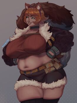 aoran_p.b. aoranpb big_belly breasts highres huge_breasts marvel marvel_rivals plump shorts squirrel_girl_(marvel) squirrel_girl_(marvel_rivals) thick_thighs thighs
