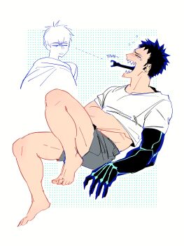 2boys absurdres black_hair black_skin blank_stare closed_eyes color_drain colored_skin facial_hair forked_eyebrows full_body goatee_stubble gradient_skin hibino_kafka highres ichikawa_reno kaijuu_no._8 knee_up lifting_own_clothes male_focus midriff_peek multiple_boys nagudnuff partial_transformation scratching sharp_teeth short_hair short_shorts shorts sitting spiked_hair stubble teeth thick_eyebrows toned toned_male waking_up yawning