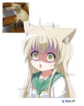 absurdres ahoge animal_ear_fluff animal_ears blonde_hair cat_ears cat_girl green_eyes green_sailor_collar highres motion_lines neckerchief nisp_art open_mouth original personification russian_commentary sailor_collar sidelocks surprised tongue tongue_out trembling watermark wide-eyed yellow_neckerchief