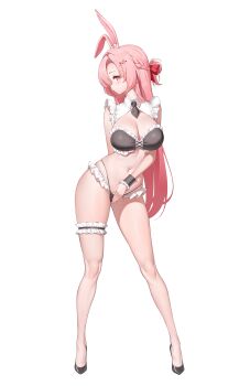 1girl absurdres animal_ears bikini black_bikini black_necktie black_shoes braid breasts cleavage detached_collar frilled_thigh_strap frills full_body hair_bun hair_ornament highres keibeam large_breasts legs looking_at_viewer maid maid_bikini navel necktie original pink_hair profile red_eyes shoes simple_background solo standing swimsuit thigh_strap thighs unconventional_maid white_background wrist_cuffs