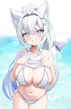 1girl absurdres animal_ears bikini blue_eyes blurry blurry_background blush bow breasts clothes_lift elegant_(sumisumi4268) fox_ears fox_girl fox_tail hairband highres large_breasts lifting_own_clothes long_hair looking_at_viewer navel original outdoors ponytail shirt shirt_lift smile solo swimsuit tail tail_bow tail_ornament white_bikini white_hair white_shirt