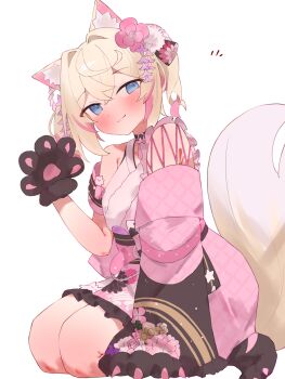 1girl absurdres animal_ear_fluff animal_ears animal_hands blonde_hair blue_eyes blush breasts closed_mouth commentary_request dog_ears dog_girl dog_paws dog_tail flower hair_flower hair_ornament highres hololive hololive_english japanese_clothes kimono looking_at_viewer mococo_abyssgard mococo_abyssgard_(new_year) official_alternate_costume official_alternate_hairstyle pink_kimono pink_streaks small_breasts solo ssolo tail tepenchi virtual_youtuber