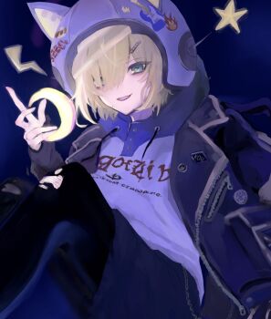 1boy animal_ear_helmet animal_ears animal_helmet black_jacket black_leggings black_shorts blonde_hair blue_hood cat_ears character_name clothes_writing crescent drawstring fake_animal_ears feet_out_of_frame flame_print green_eyes hair_ornament hair_over_one_eye hairclip helmet highres hood hood_down hoodie jacket knees_up lapels leggings lightning_bolt_print lightning_bolt_symbol looking_at_viewer makaronioisiii male_focus night nijisanji notched_lapels open_clothes open_jacket parted_lips print_hoodie short_hair shorts sitting sky sleeves_past_wrists smile solo space_helmet star_(symbol) sticker torn_clothes torn_leggings unzipped uzuki_kou uzuki_kou_(5th_costume) virtual_youtuber wallet_chain white_helmet white_hoodie wolf_cut yellow_trim