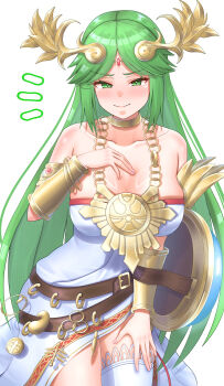 1girl absurdres bare_shoulders blush breasts closed_mouth collarbone commentary_request dress green_eyes green_hair highres jewelry kid_icarus kid_icarus_uprising large_breasts long_hair looking_at_viewer meipasuye necklace nintendo notice_lines palutena shield simple_background single_thighhigh smile solo standing thighhighs very_long_hair white_background white_dress white_thighhighs