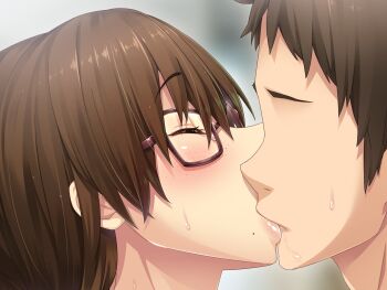 Rule 34 | 1boy, 1girl, blush, brown hair, faceless, faceless male, game cg, glasses, kanojo wa dare to demo sex suru, kiss, orcsoft, sakurai erika, sanagi torajirou