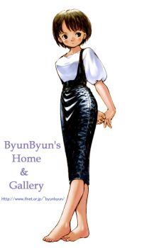 1girl arms_behind_back artist_name bad_id barefoot black_eyes black_hair closed_mouth commentary high-waist_skirt original own_hands_together pencil_skirt puffy_sleeves shiny_clothes shirt short_hair simple_background skirt solo suspender_skirt suspenders tsuzuki_kazuhiko watermark web_address white_background white_shirt