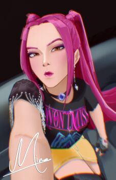 1girl artbytamag0 brown_eyes character_name choker commentary earrings english_commentary eyeliner eyeshadow highres jewelry kpop_demon_hunters long_hair looking_at_viewer makeup mira_(kpop_demon_hunters) pink_hair pink_lips shirt sidelocks skirt solo t-shirt twintails yellow_skirt