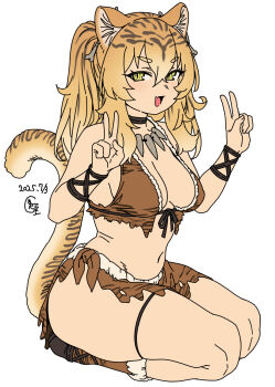 1girl animal_ear_fluff animal_ears animal_print bikini black_choker blonde_hair bone bone_hair_ornament breasts brown_bikini cavewoman choker dated double_v fang flat_color full_body fur-trimmed_bikini fur_trim gradient_hair hair_ornament hands_up highres houtengeki jewelry loincloth long_hair looking_at_viewer medium_breasts multicolored_hair navel necklace open_mouth original pelt print_loincloth seiza short_eyebrows sidelocks simple_background sitting skin_fang skindentation smile solo striped_hair swimsuit tail tiger_ears tiger_girl tiger_girl_(houtengeki) tiger_print tiger_stripes tiger_tail tooth_necklace tribal twintails v white_background wristband yellow_eyes