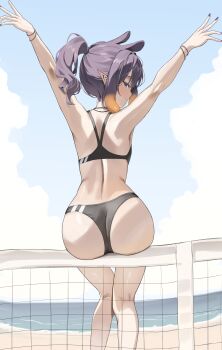 1girl absurdres arms_up ass back bare_arms beach bikini black_bikini blunt_bangs blush bracelet cloud cloudy_sky commentary day feet_out_of_frame from_behind gradient_hair highres hololive hololive_english jewelry looking_at_viewer looking_back medium_hair multicolored_hair multiple_bracelets nail_polish ninomae_ina'nis ocean orange_hair outdoors parted_lips pointy_ears ponytail profile purple_hair purple_nails sand scarlet_(wv0102) sidelocks sitting sky smile solo sports_bikini swimsuit tentacle_hair tentacles turning_head untranslatable_commentary virtual_youtuber volleyball_net water