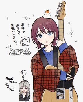 2026 2girls bass_guitar ben-day_dots black_choker blue_eyes blue_shirt blush blush_stickers brown_hair cho_nekura choker crossed_arms food food_on_head fruit girls_band_cry grey_hair guitar highres holding holding_guitar holding_instrument horse instrument iseri_nina jacket kagami_mochi kawaragi_momoka looking_at_viewer multiple_girls object_on_head orange_(fruit) plaid_clothes plaid_jacket red_jacket screentones shirt snake sweat translation_request